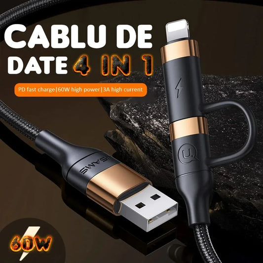 Cablu Date si Incarcare Rapida Usams, 4 in 1, 60W, 1,2m, QC 3, USB, USB-C
