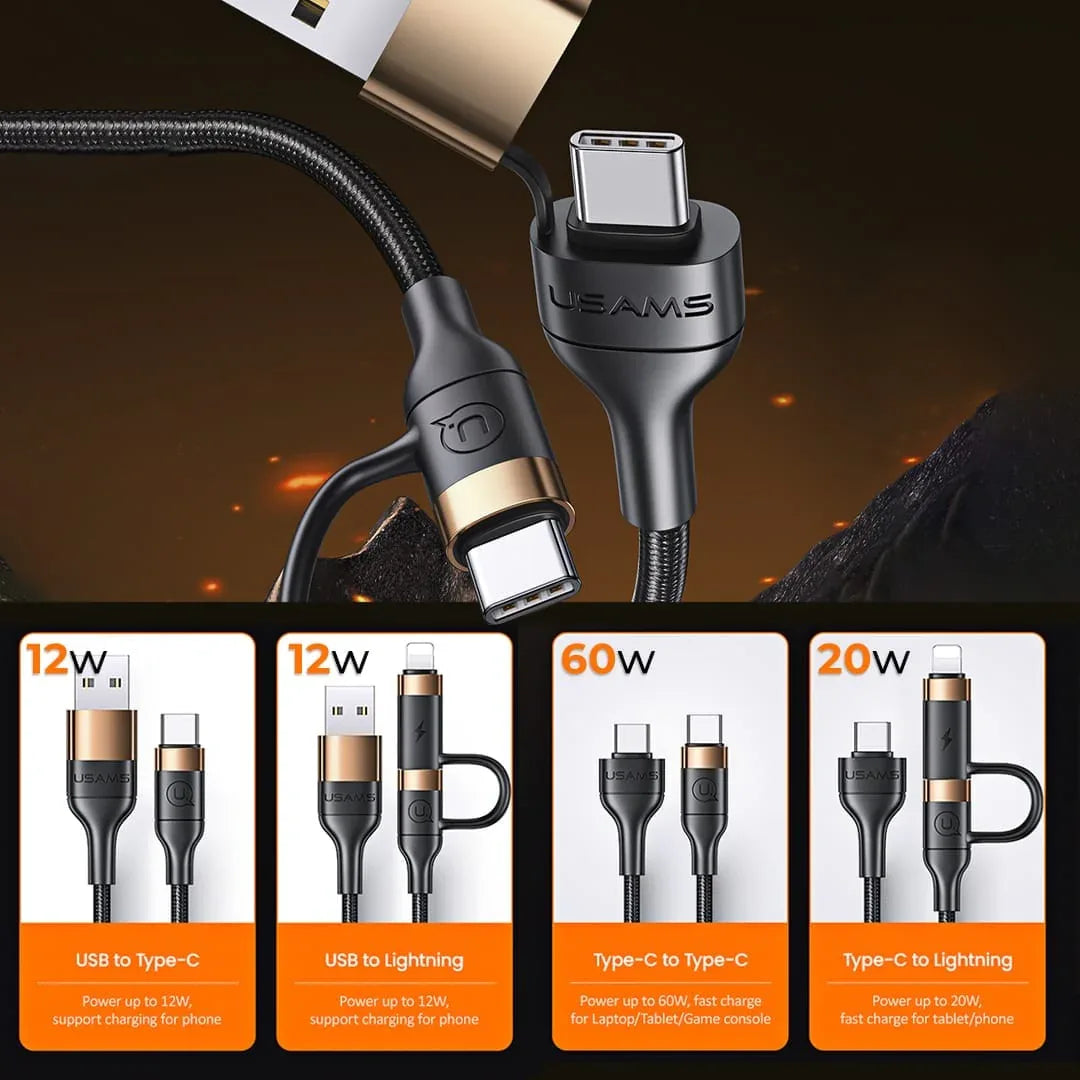 Cablu Date si Incarcare Rapida Usams, 4 in 1, 60W, 1,2m, QC 3, USB, USB-C