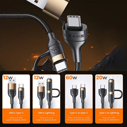 Cablu Date si Incarcare Rapida Usams, 4 in 1, 60W, 1,2m, QC 3, USB, USB-C