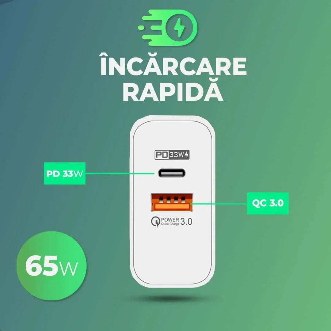 Incarcator Retea, 2 Porturi, 65W, 1 x USB, 1 x Type-C, Negru