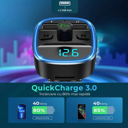 Modulator FM, Bluetooth 5,0, incarcator auto cu quickcharge 3,0, Port USB, Slot MicroSD, Ambient Light - 221.ro