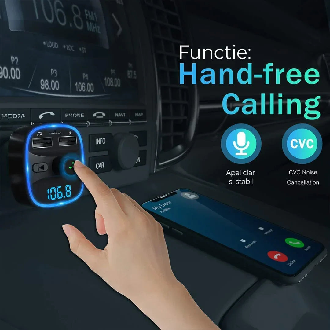 Modulator FM, Bluetooth 5,0, incarcator auto cu quickcharge 3,0, Port USB, Slot MicroSD, Ambient Light - 221.ro