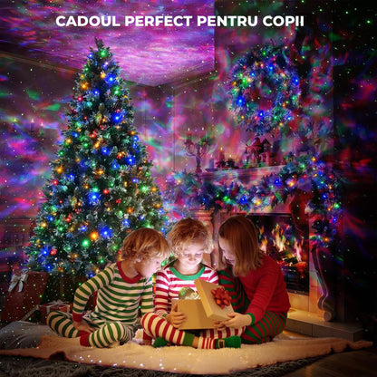 Lampa de Noapte tip Proiector Galaxie Timebox, Proiectii Stele 14 Culori pentru Dormitor, 10 Sunete Albe, Boxa Bluetooth 5,1 integrata, Timer si Telecomanda, Control Vocal, Alb