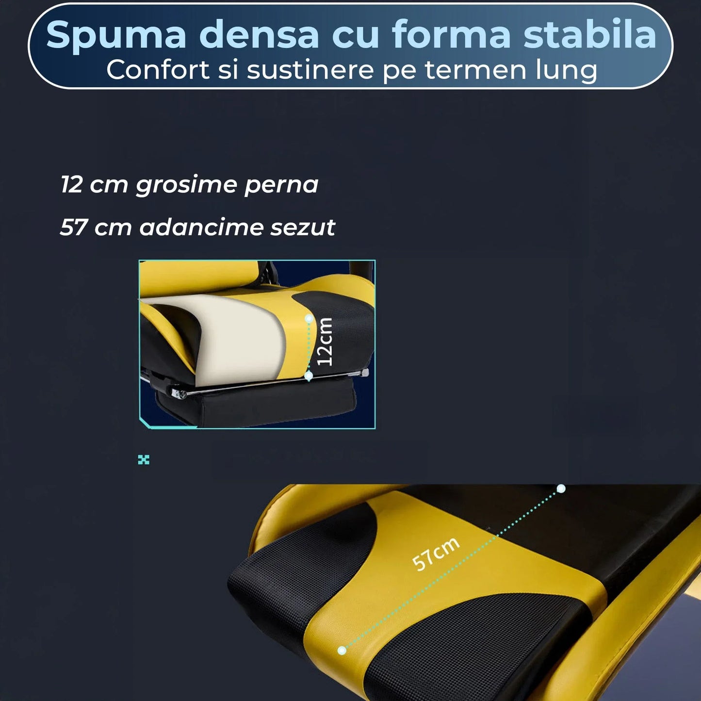 Scaun Gaming Ergonomic – Spatar Inalt, Design Sport, Rotativ 360°, Tapiterie Pet-Friendly, Cadru Metalic Rezistent Suport de Picioare, Galben - 221.ro
