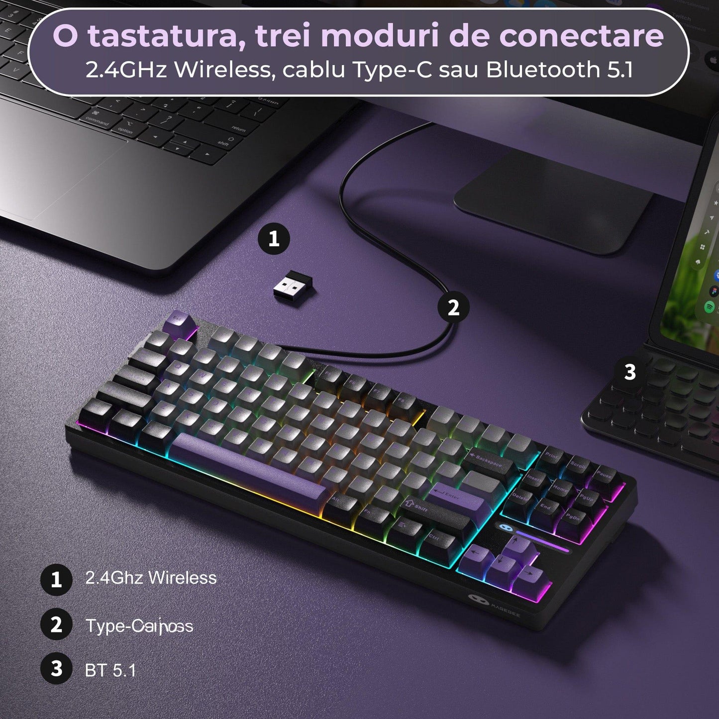 Tastatura Mecanica Gaming Timebox, 80%, Hot-Swap, Wireless, Gasket, Mov