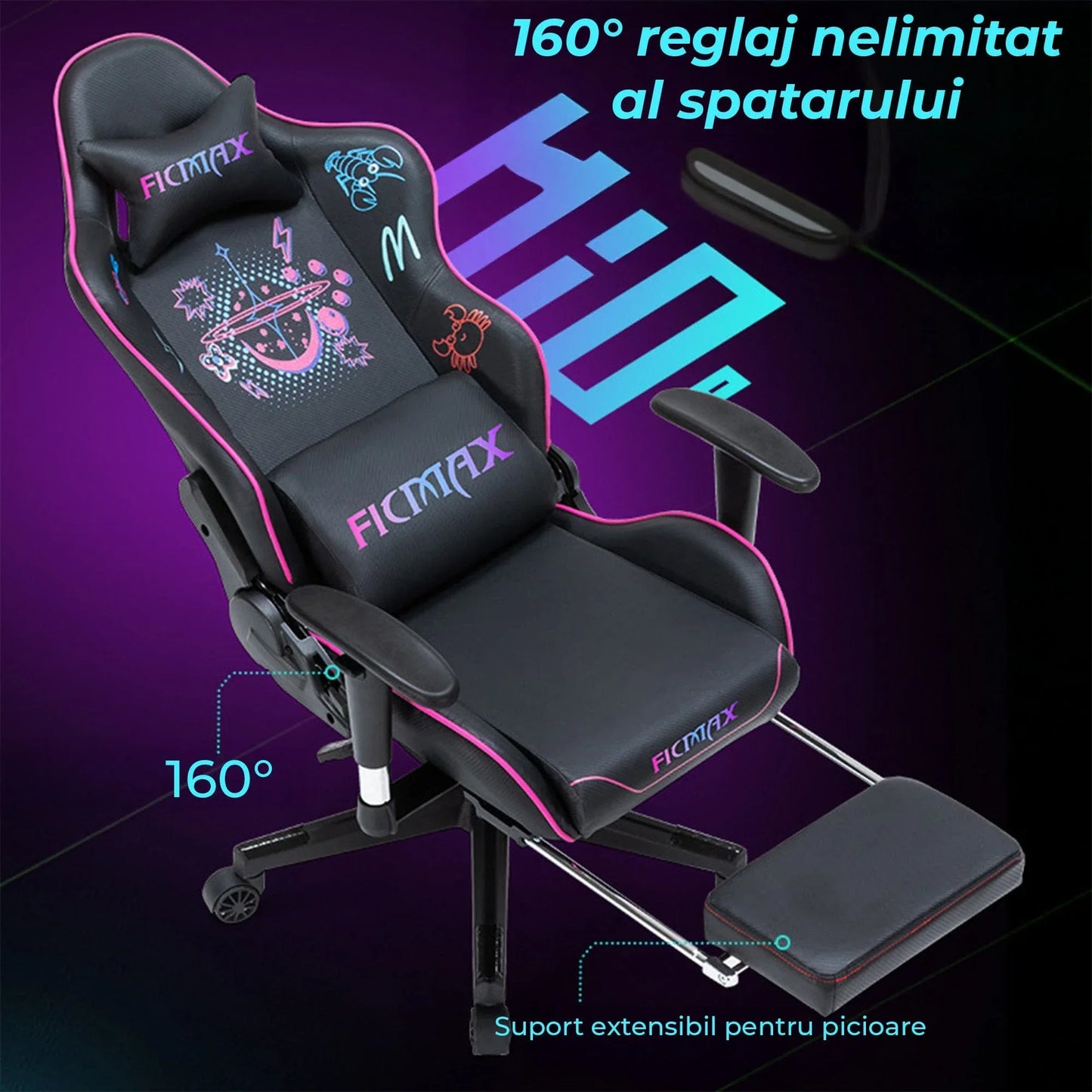 Scaun Gaming Timebox, Reglaj Spatar 160°, Suport Picioare Extensibil, Tetiera si Perna Lombara, Cadrul Metalic Rezistent, Material Premium, Ajustare 3D a Bratelor – Negru/Roz - 221.ro