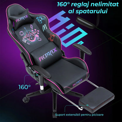Scaun Gaming Timebox, Reglaj Spatar 160°, Suport Picioare Extensibil, Tetiera si Perna Lombara, Cadrul Metalic Rezistent, Material Premium, Ajustare 3D a Bratelor – Negru/Roz - 221.ro