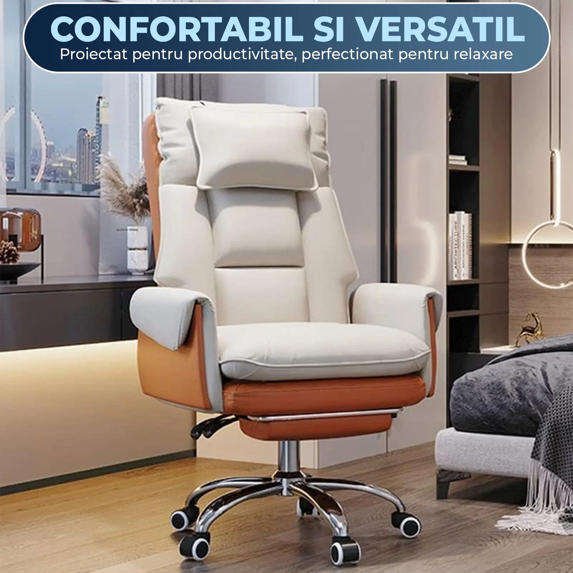 Scaun Birou Timebox cu Suport pentru Picioare – Spatar Inalt, Piele Ecologica, Reglaj Inclinare 90°–135°, Cotiere Captusite si Cadru Metalic Rezistent, Design Modern pentru Confort Executiv, Bej - 221.ro