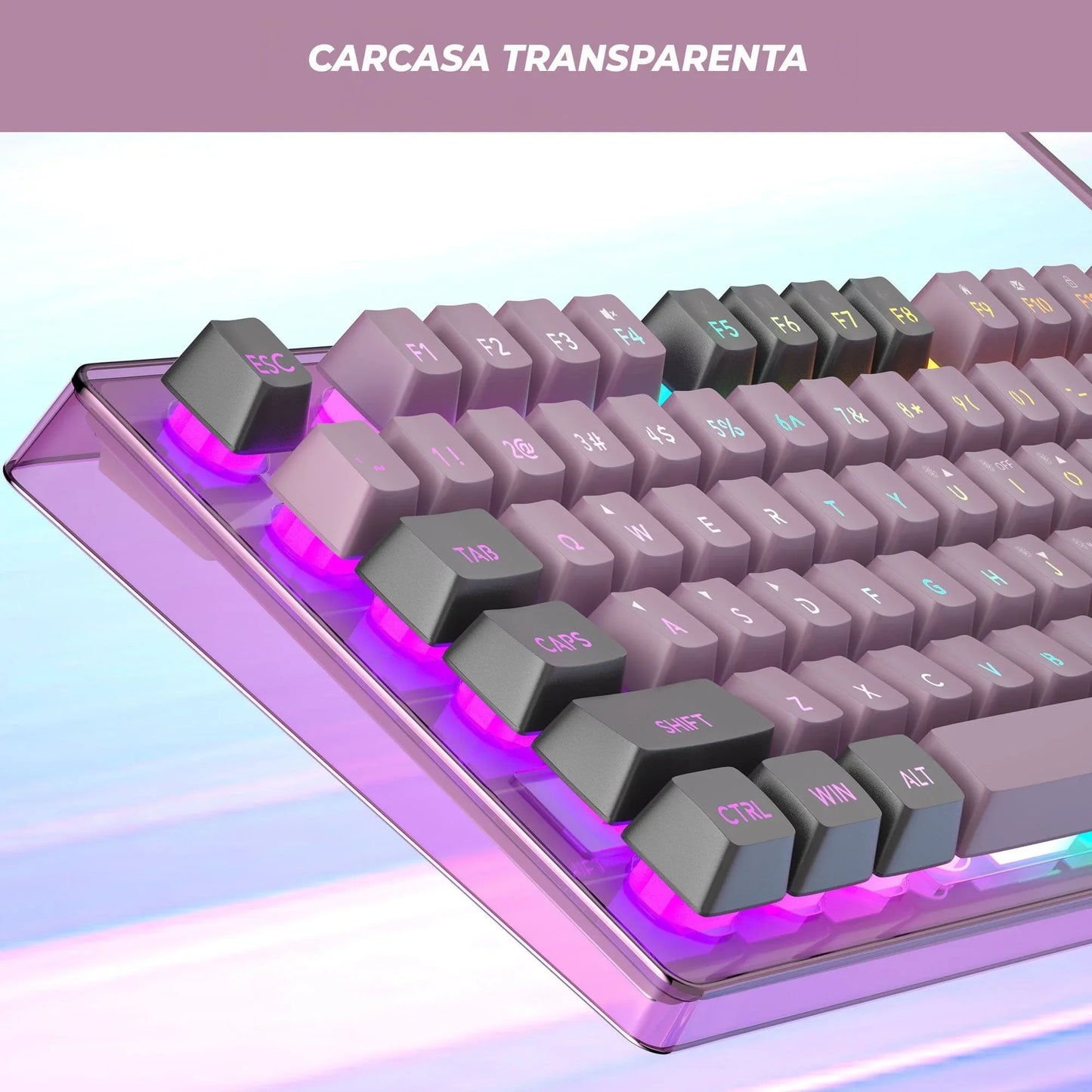 Kit Gaming TimeBox – Tastatura Full Size cu Carcasa Transparanta si 19 Taste Anti-Ghosting, 8 Culori RGB, Lumina Reglabilă, Mouse cu Iluminare LED 7 Culori si DPI Reglabil, Ergonomic, Mov - 221.ro