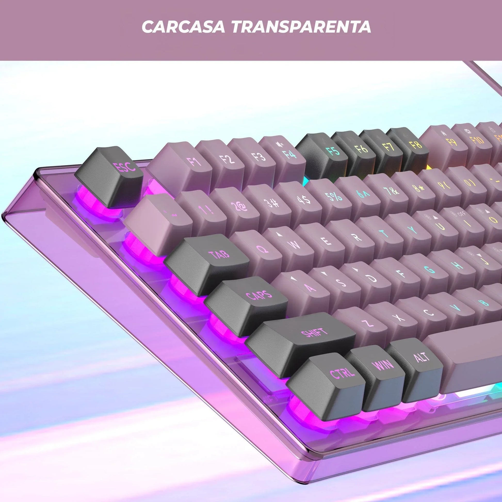 Kit Gaming TimeBox – Tastatura Full Size cu Carcasa Transparanta si 19 Taste Anti-Ghosting, 8 Culori RGB, Lumina Reglabilă, Mouse cu Iluminare LED 7 Culori si DPI Reglabil, Ergonomic, Mov - 221.ro