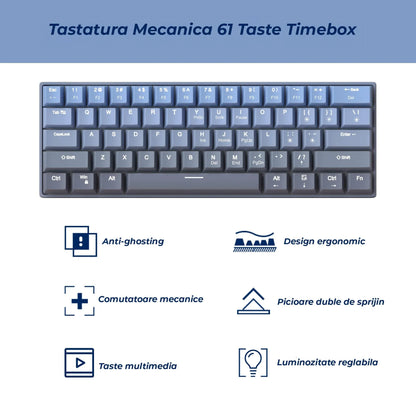 Tastatura Mecanica Timebox, 61 Taste, Keycaps PBT, Switch-uri Precise, Albastru