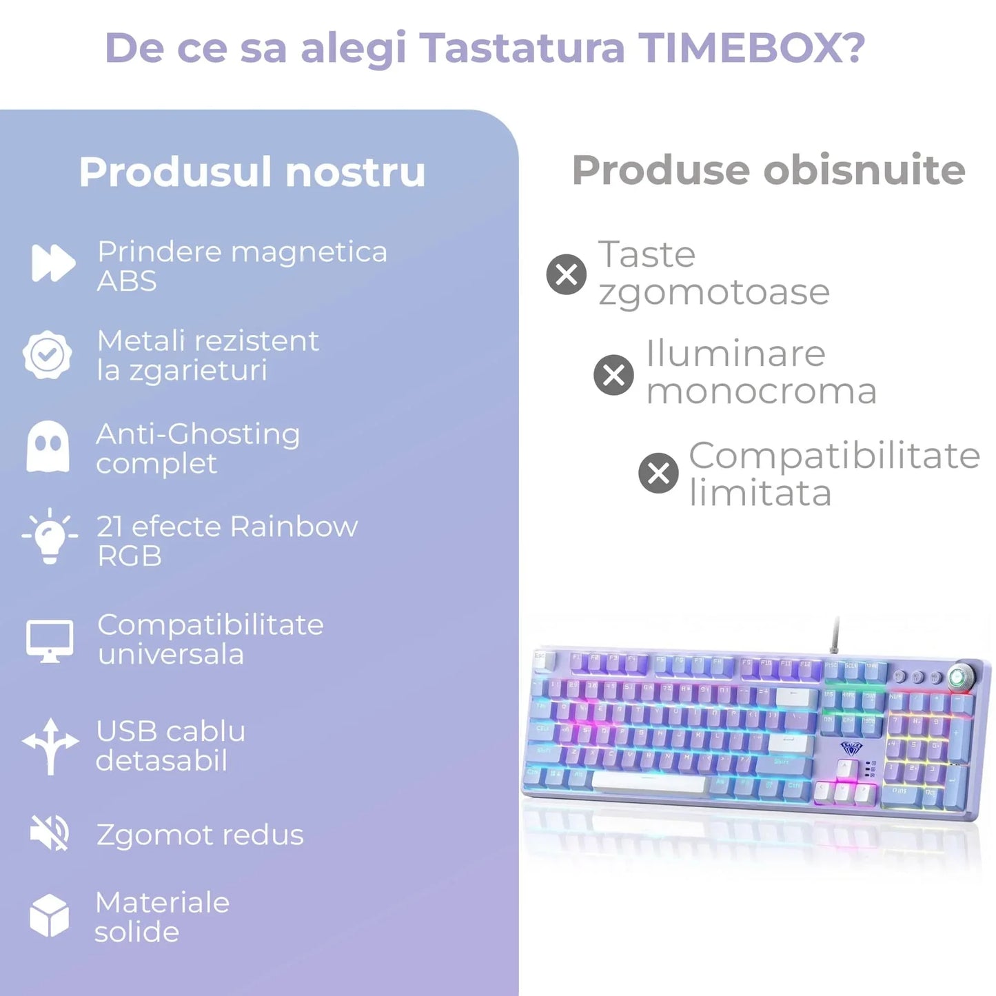 Tastatura Mecanica Gaming 104 Taste Timebox, Switch Albastru, Violet