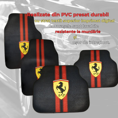 Covorașe auto universale DECOMAT – set 4 bucăți lavabile, antiderapante, cu imprimeu sport „Scuderia Style”