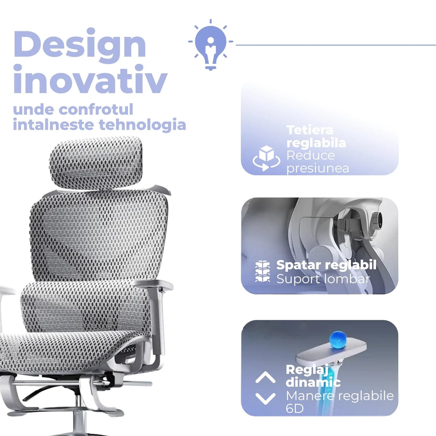 Scaun birou ergonomic Timebox, Plasa mesh respirabil, Tetiera, 4D armrest, Reglaj inaltime si adancime sezut, Suport picioare rabatabil, Spatar cu suport lombar ajustabil, Rotativ cu roti, Gri - 221.ro