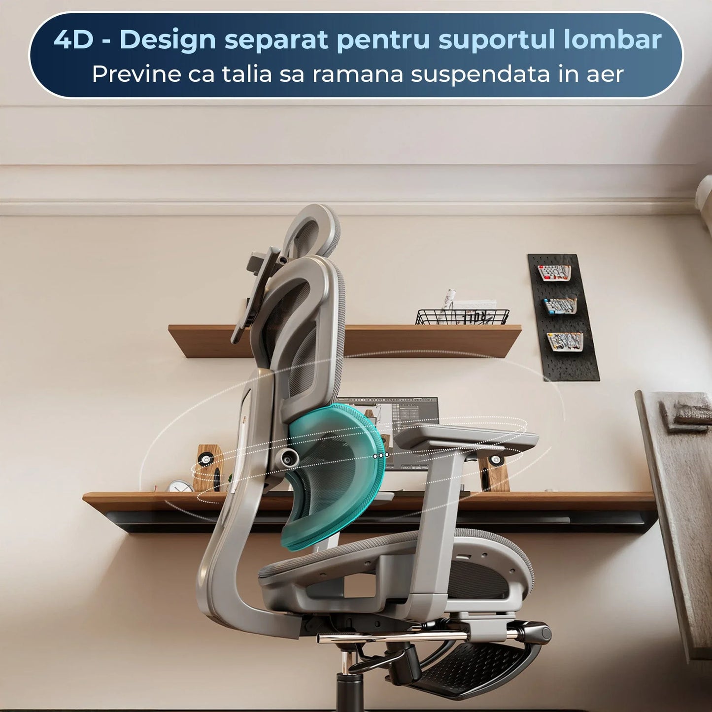 Scaun Ergonomic cu Suport Lombar – Spatar Reglabil si Reclinabil, Plasa Respirabila, Sezut Confortabil, Suport pentru Picioare, Rotativ 360°, Ideal pentru Birou, Gaming sau Studiu, Gri - 221.ro