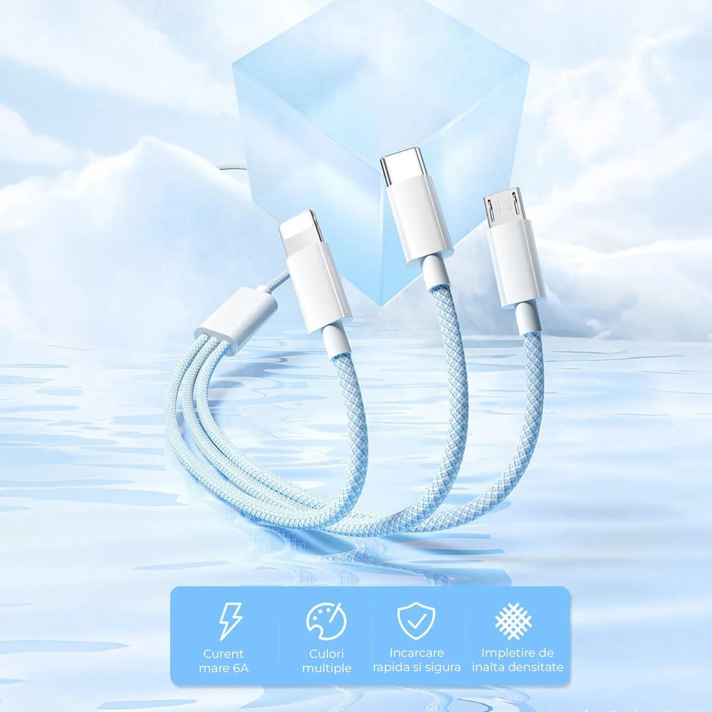 Cablu Date si Incarcare Rapida  Timebox 3 in 1  , PD Fast Charge, 1m, Textil Impletit, Gri