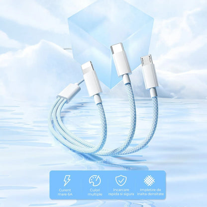 Cablu Date si Incarcare Rapida  Timebox 3 in 1  , PD Fast Charge, 1m, Textil Impletit, Gri