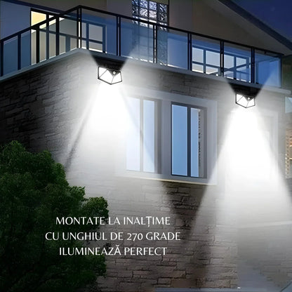 Lampa Solară Smart de Perete cu 100 LED-uri: Iluminează-ți Spatiul Exterior cu Tehnologia Smart cu Senzor de Mișcare!
