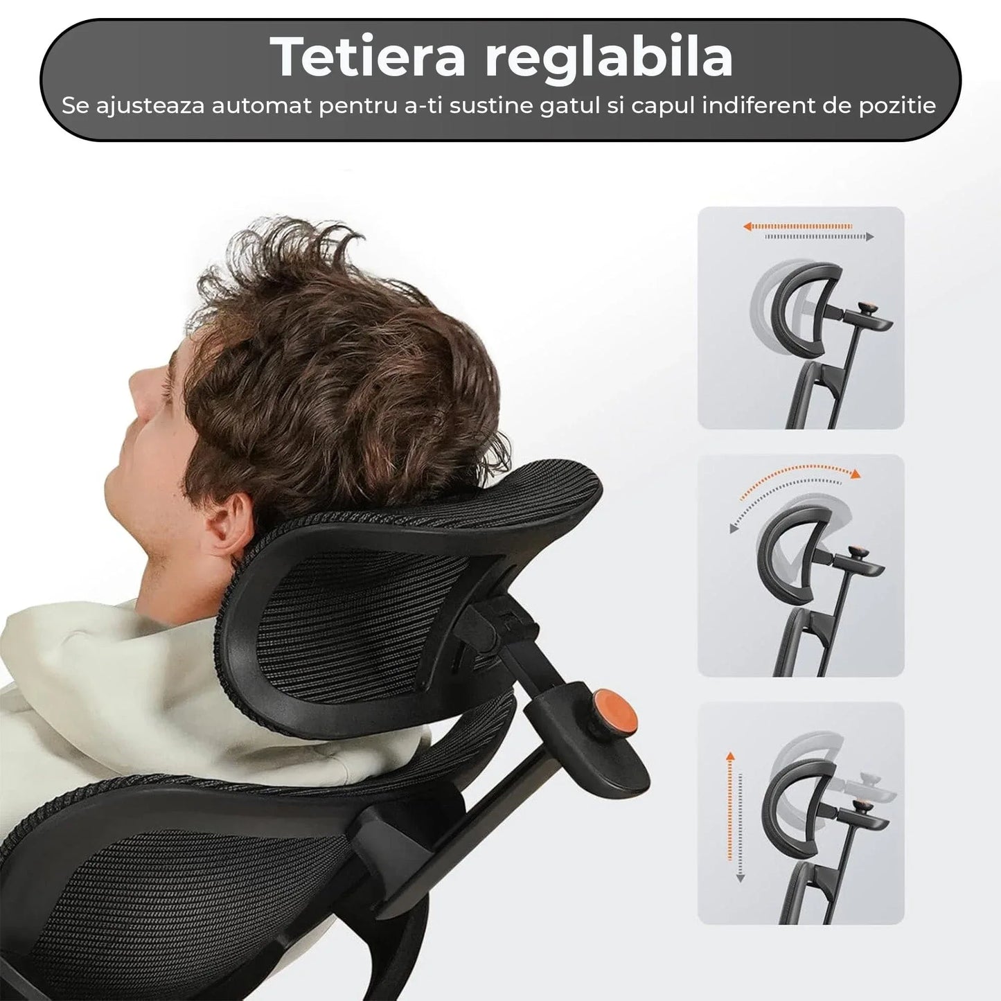 Scaun ergonomic birou 2 in 1, Cu suport picioare, Spatar inclinabil, Tetiera auto-follow, Cotiere 4D, Reglaj inaltime si adancime, Tavita laptop detasabila, Suport pahar, Plasa Mesh, Negru - 221.ro