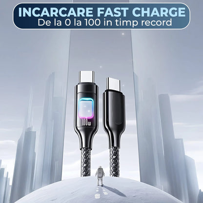 Cablu de Incarcare si Transfer de Date, Timebox, Fast Charge 100W, LED, USB-C la USB-C USB, Compatibil Macbook, iPhone, Samsung, Huawei, Xiaomi, Bej - 221.ro