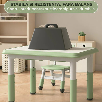 Set Masa si 2 Scaune Reglabile pentru Copii – Masa Multifunctionala 80x60cm cu Colturi Rotunjite, Ideala pentru Joaca, Desen si Invatare, Structura Solida si Inaltime Ajustabila, Potrivita pentru Gradinite si Acasa, Verde - 221.ro