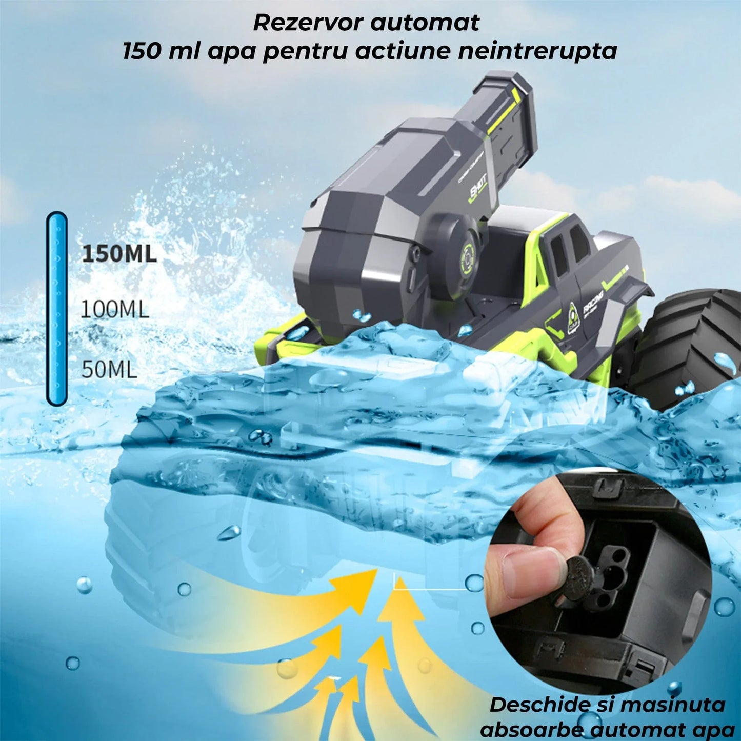 Masina RC 3-in-1 Timebox cu Jet de Apa si Control prin Gesturi – Monster Truck Stunt Off-Road & Barca Telecomandata 4x4, Rotatie 360°, Rezistenta la Apa, Cadou Interactiv pentru Copii 6-12 Ani, Verde - 221.ro