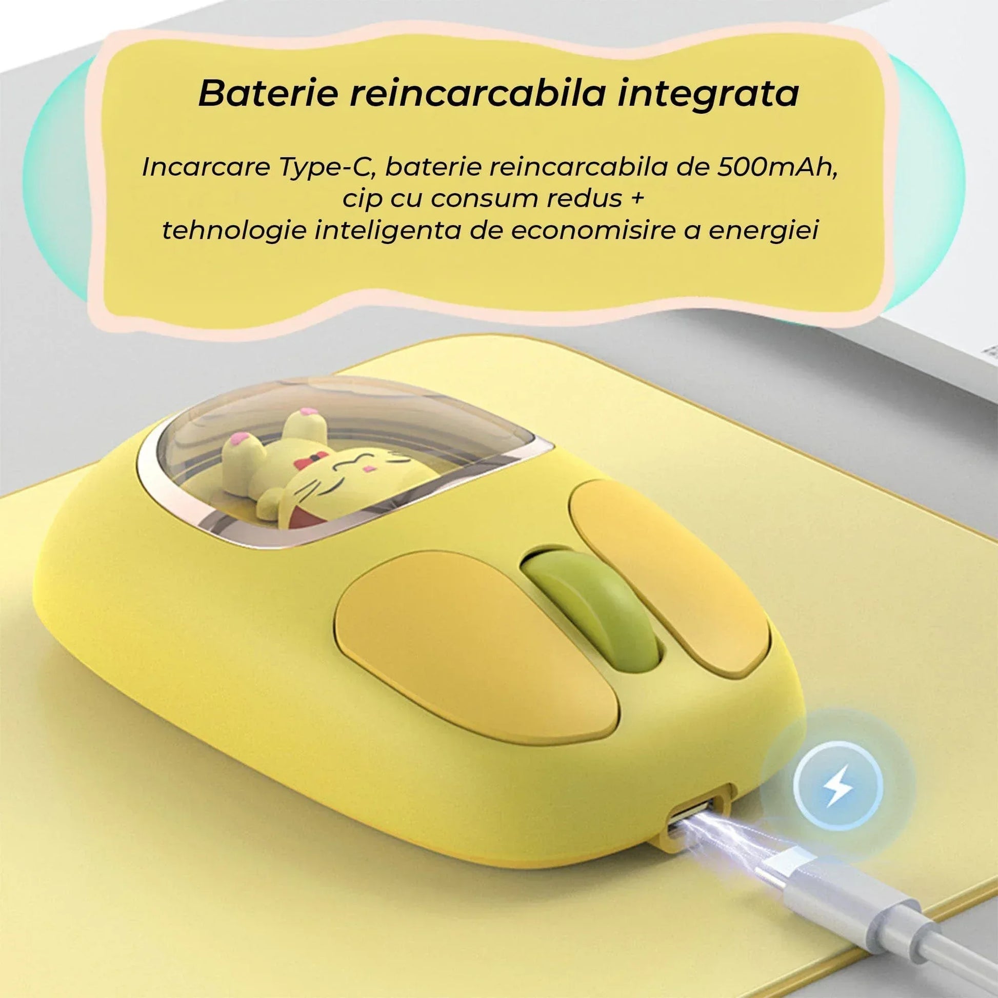 Mouse wireless Timebox, 2,4G + Bluetooth, Silentios, Scroll tactil, 1600 DPI, USB, Baterie reincarcabila, Design ergonomic, Potrivit pentru fete si baieti, Compatibil Windows/Mac/Android, Galben - 221.ro