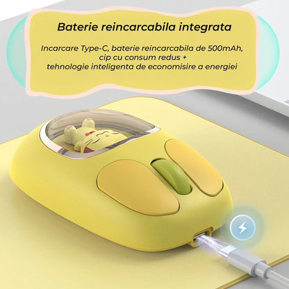 Mouse wireless Timebox, 2,4G + Bluetooth, Silentios, Scroll tactil, 1600 DPI, USB, Baterie reincarcabila, Design ergonomic, Potrivit pentru fete si baieti, Compatibil Windows/Mac/Android, Galben - 221.ro
