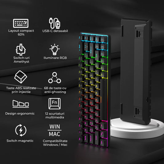 Tastatura Mecanica Gaming Timebox, Iluminare RGB Personalizata cu Switch-uri Rosii, Anti-Ghosting, Design Compact, Format 60% compact si Conectivitate USB-C, Negru - 221.ro