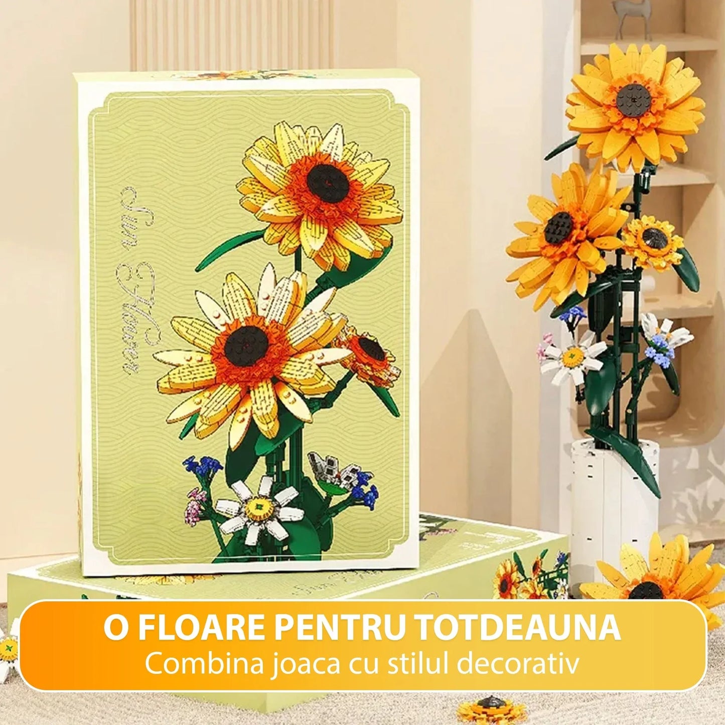 Set Constructie Floarea Soarelui Timebox, 821 Piese ABS, Ornament, Galben