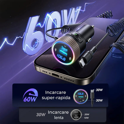 Incarcator auto Timebox, Super Fast-Charge 60W, 1 x USB QC 3,0, 1 x USB-C, 1 x Cablu Type-C, Afisaj Display, Compatibil iPhone 15, Samsung, Huawei, Negru - 221.ro