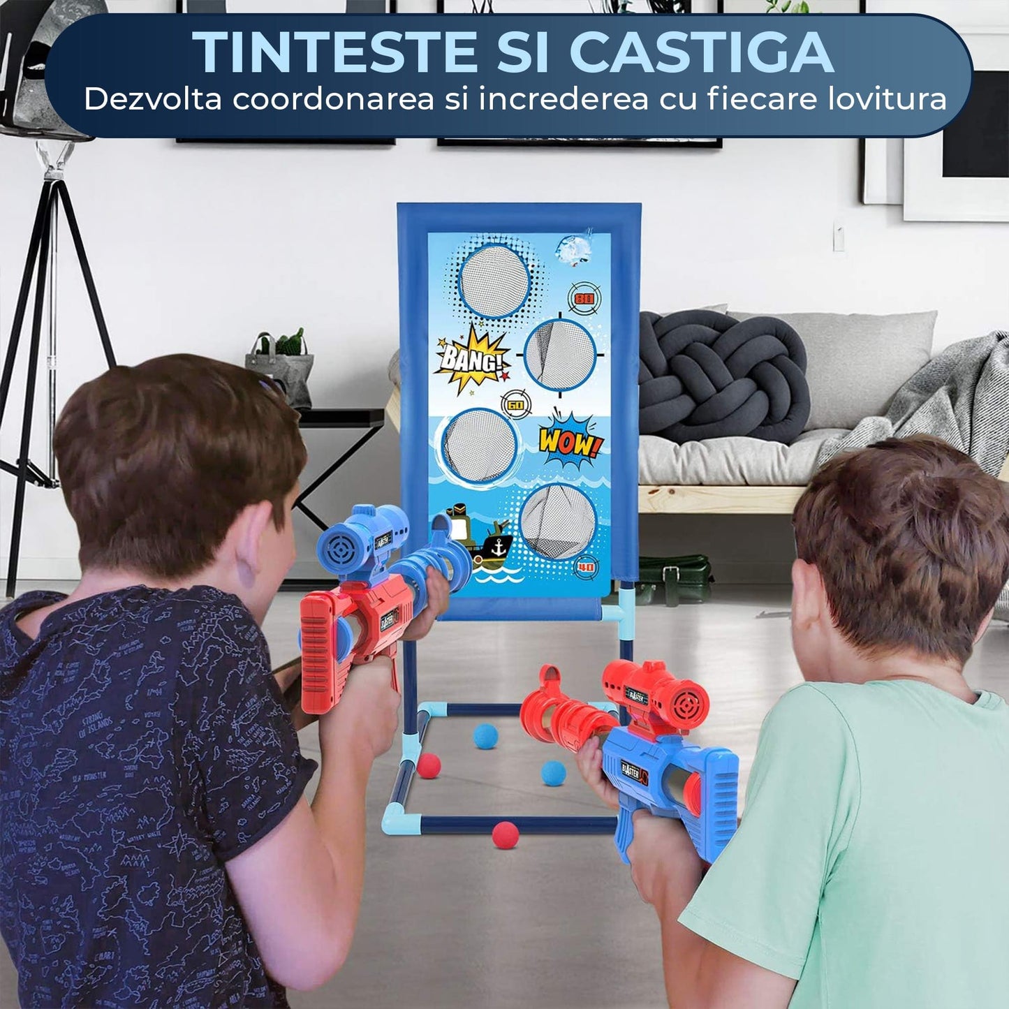 Set 2 Pusti cu Tinta pentru Copii 6, 12 Ani, 24 Bile din Spuma