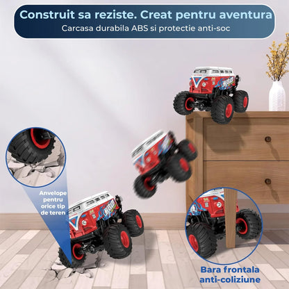 Masina cu Telecomanda Timebox Tip Autobuz Scolar, Scara 1:20, 4x4, Drift 360°, Flip 90°, Efect Spray, LED-uri, Muzica si o Baterie tip acumulator reincarcabila, Jucarie Cadou pentru Copii 3+ Ani, Rosu - 221.ro