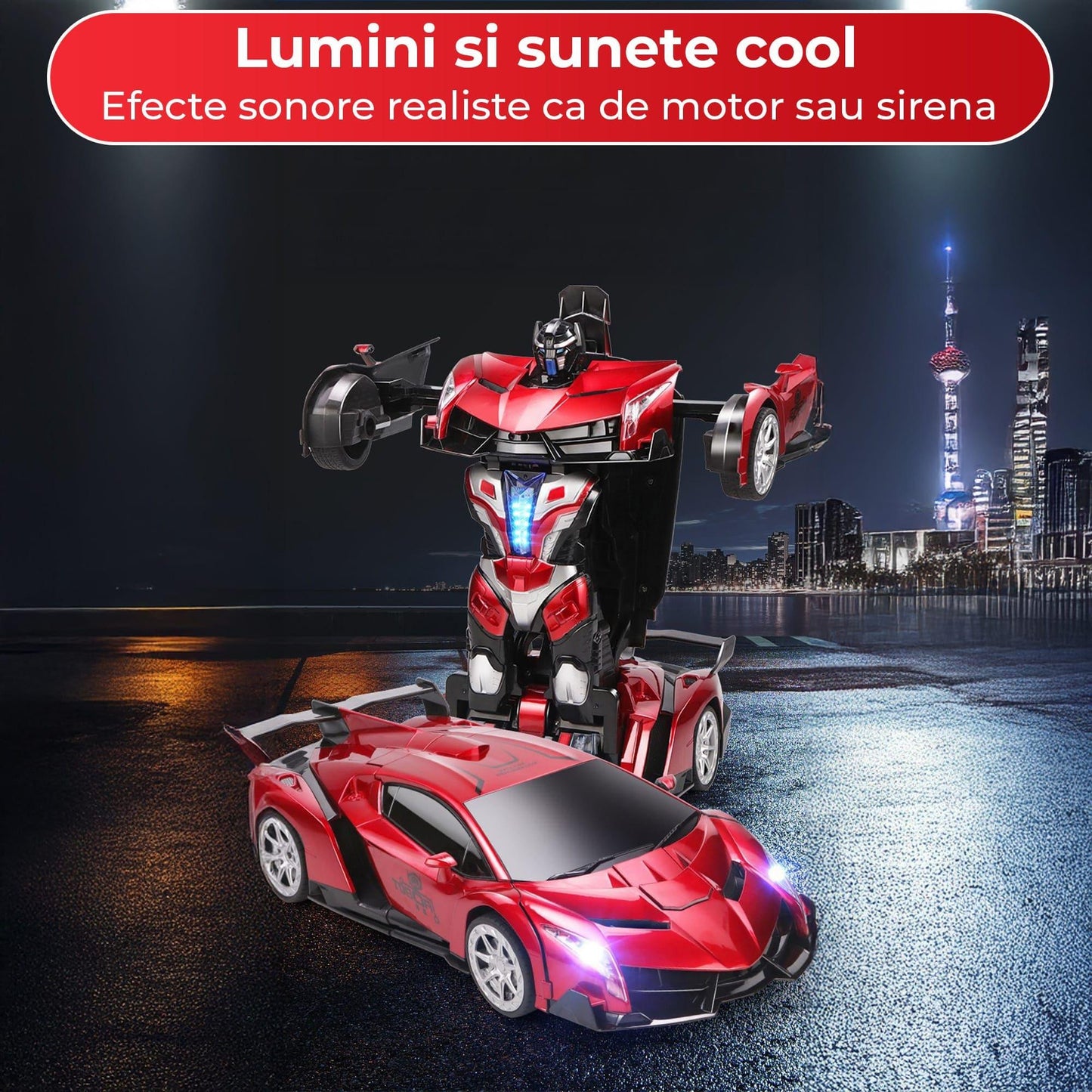 Masina cu Telecomanda Transformabila in Robot Timebox, Rotire 360°, Control Vocal si prin Gesturi, 2,4Ghz, Lumini si Sunete controlabile, 2 baterii tip acumulator reincarcabile, Jucarie Cadou pentru Copii 5+ Ani, Rosu - 221.ro