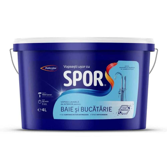Vopsea lavabilă interior baie și bucătăie 4L, rezistență la umiditate, SPOR, albă / 4000255