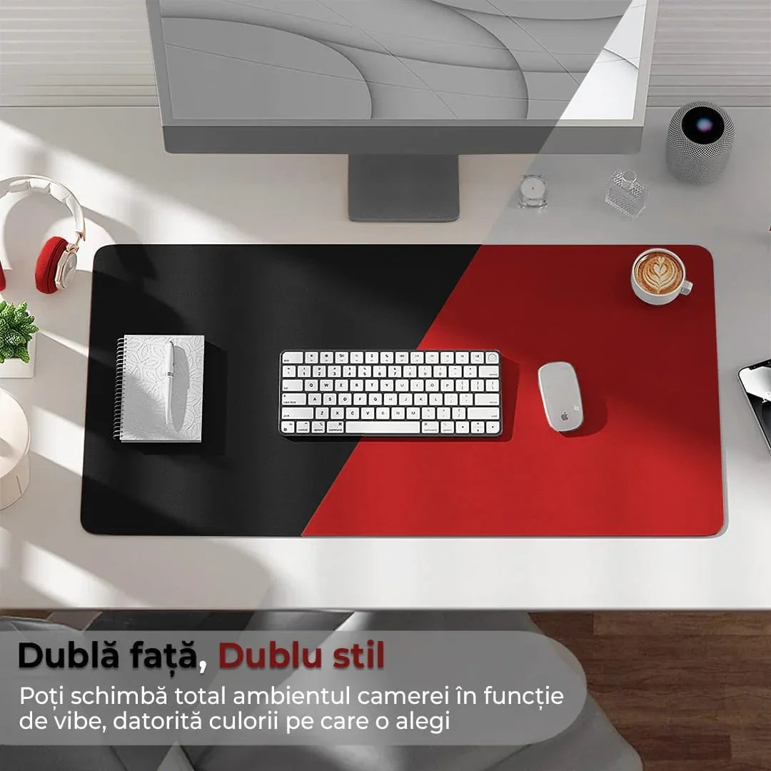 Mousepad gaming XXL cu doua fete din piele pu, impermeabil, pentru protectie birou, Negru/Rosu 80x40 - 221.ro