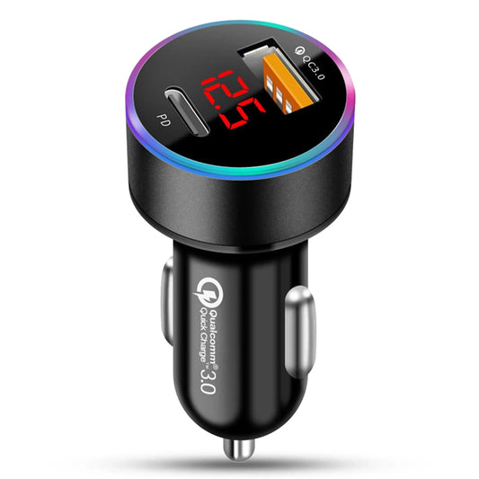 Incarcator auto, 36W Super Fast charge, 1 x Type-C, 1 x USB 3,0, Quick Charger 3,0, Lumini LED, Universal, Negru - 221.ro