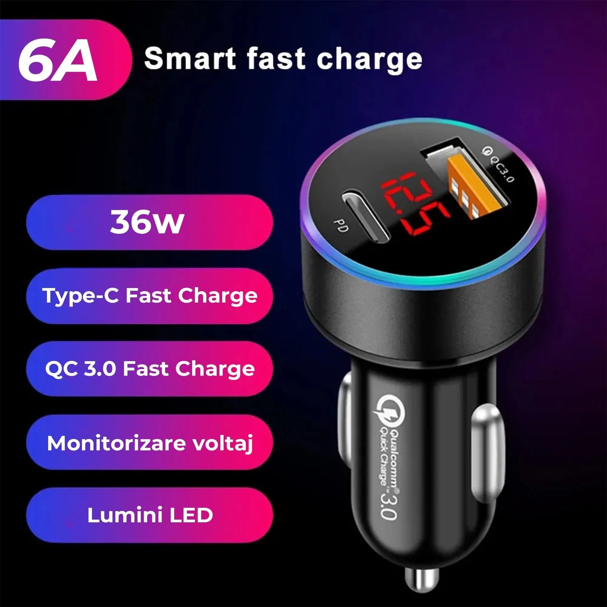 Incarcator auto, 36W Super Fast charge, 1 x Type-C, 1 x USB 3,0, Quick Charger 3,0, Lumini LED, Universal, Negru - 221.ro