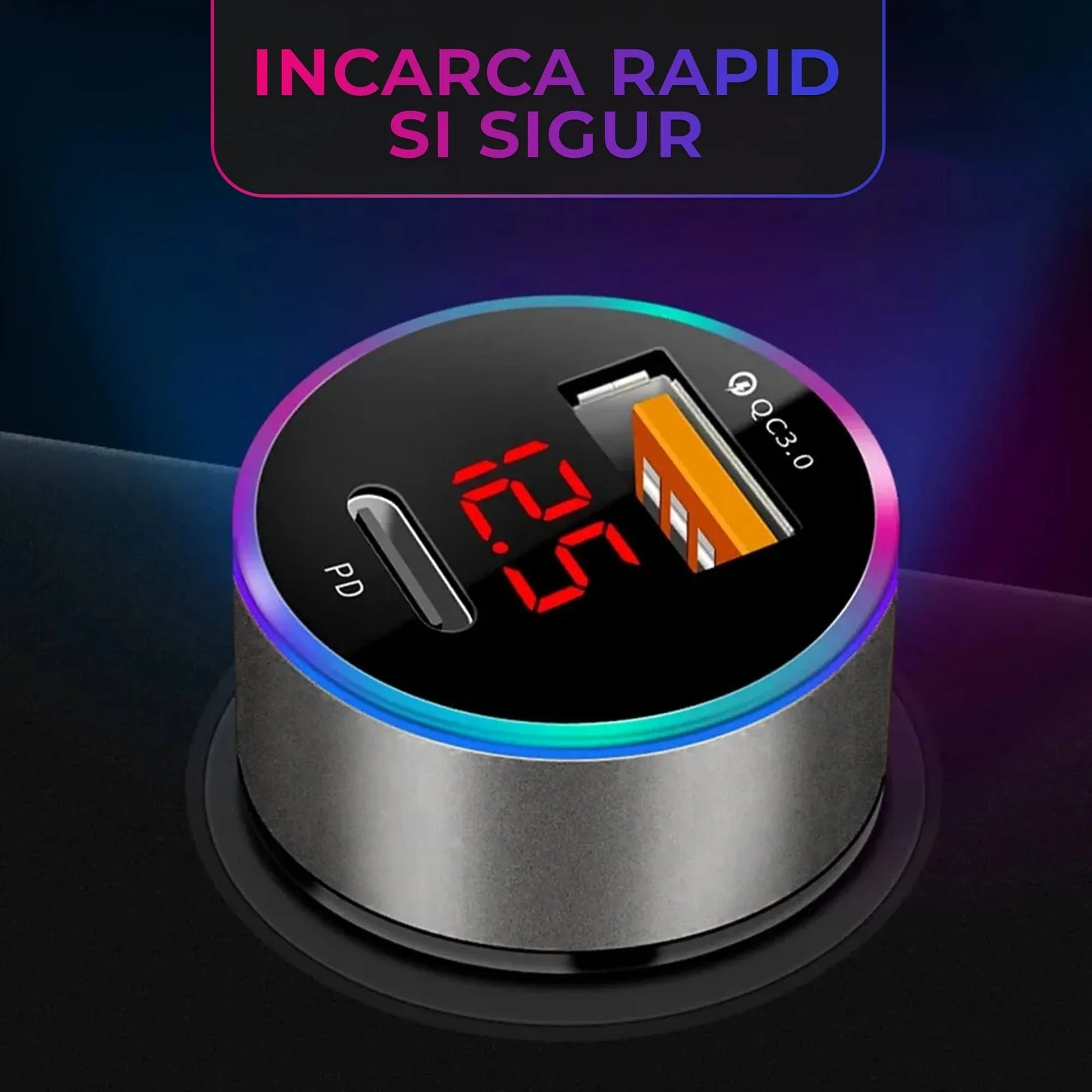 Incarcator auto, 36W Super Fast charge, 1 x Type-C, 1 x USB 3,0, Quick Charger 3,0, Lumini LED, Universal, Negru - 221.ro