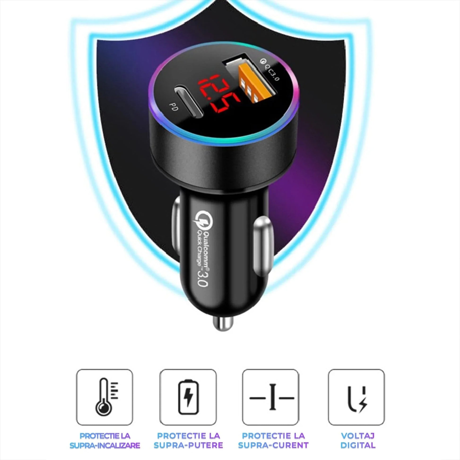 Incarcator auto, 36W Super Fast charge, 1 x Type-C, 1 x USB 3,0, Quick Charger 3,0, Lumini LED, Universal, Negru - 221.ro