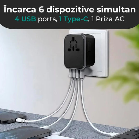 Adaptor incarcator universal priza de calatorie, 4 x USB, 1 x Type-C, Silver Grey