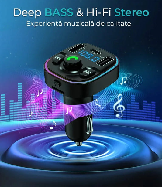 Modulator FM, Hands-Free Kit cu 10 functii, Incarcator auto cu functie de incarcare rapida, QC 3,0, Port USB Type-C, Bluetooth 5,0, Negru - 221.ro