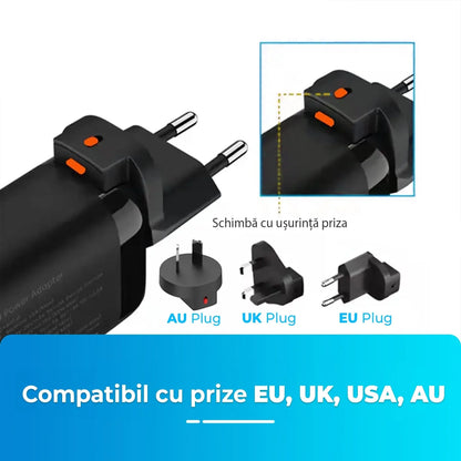 Incarcator Retea, 3 porturi, 65W, 18 W Incarcare Rapida - USB, Priza EU, Negru