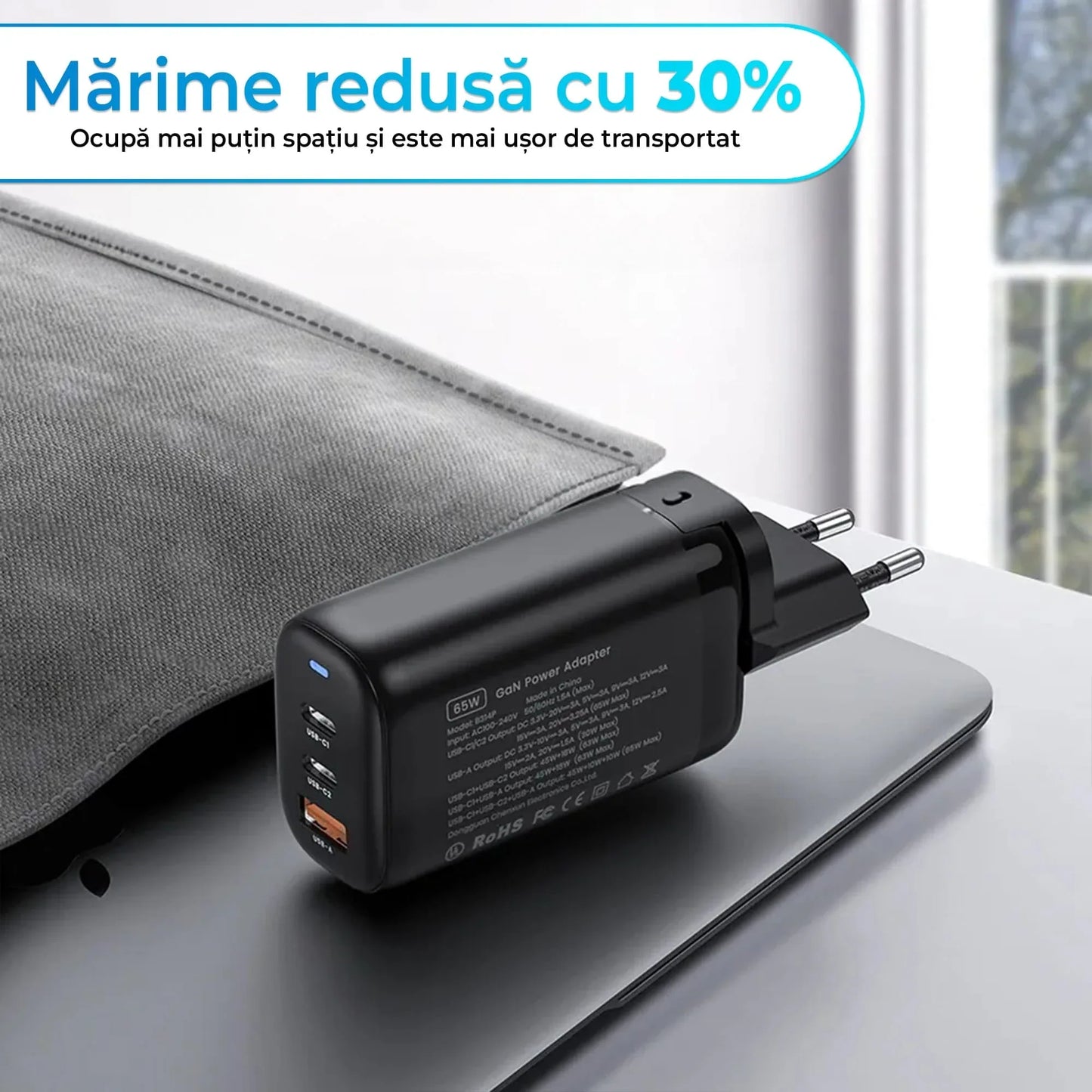 Incarcator Retea, 3 porturi, 65W, 18 W Incarcare Rapida - USB, Priza EU, Negru