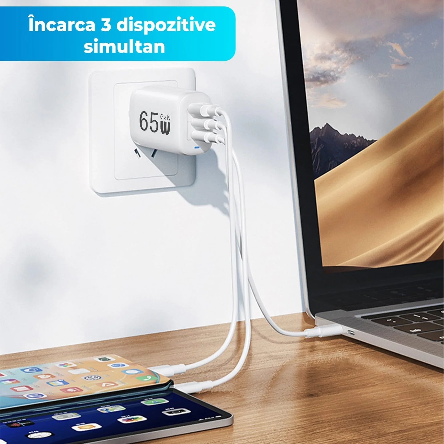 Incarcator Retea, 3 porturi, 65W, 18 W Incarcare Rapida - USB, Priza EU, Alb