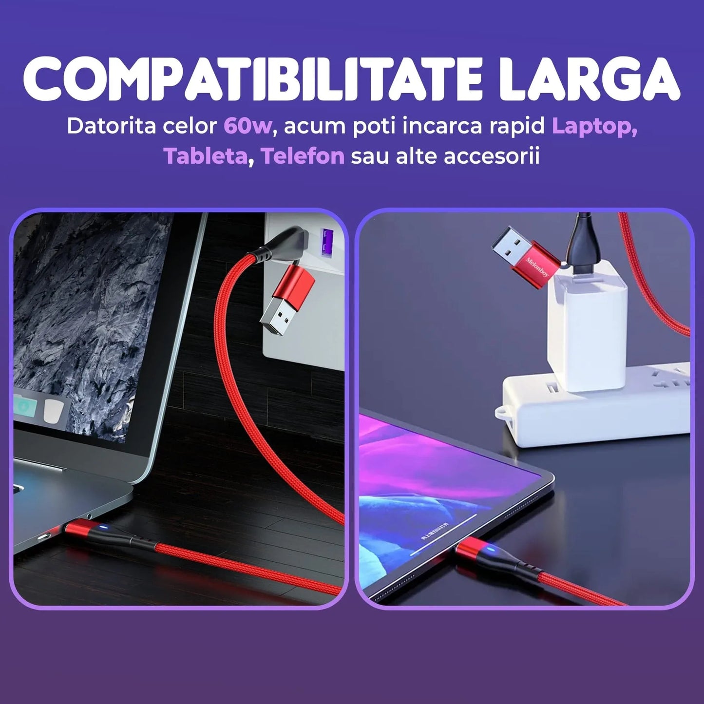 Cablu de date si Incarcare Rapida, 6 in 1, 60W, 2m, QC 3, USB, Type C, Rosu