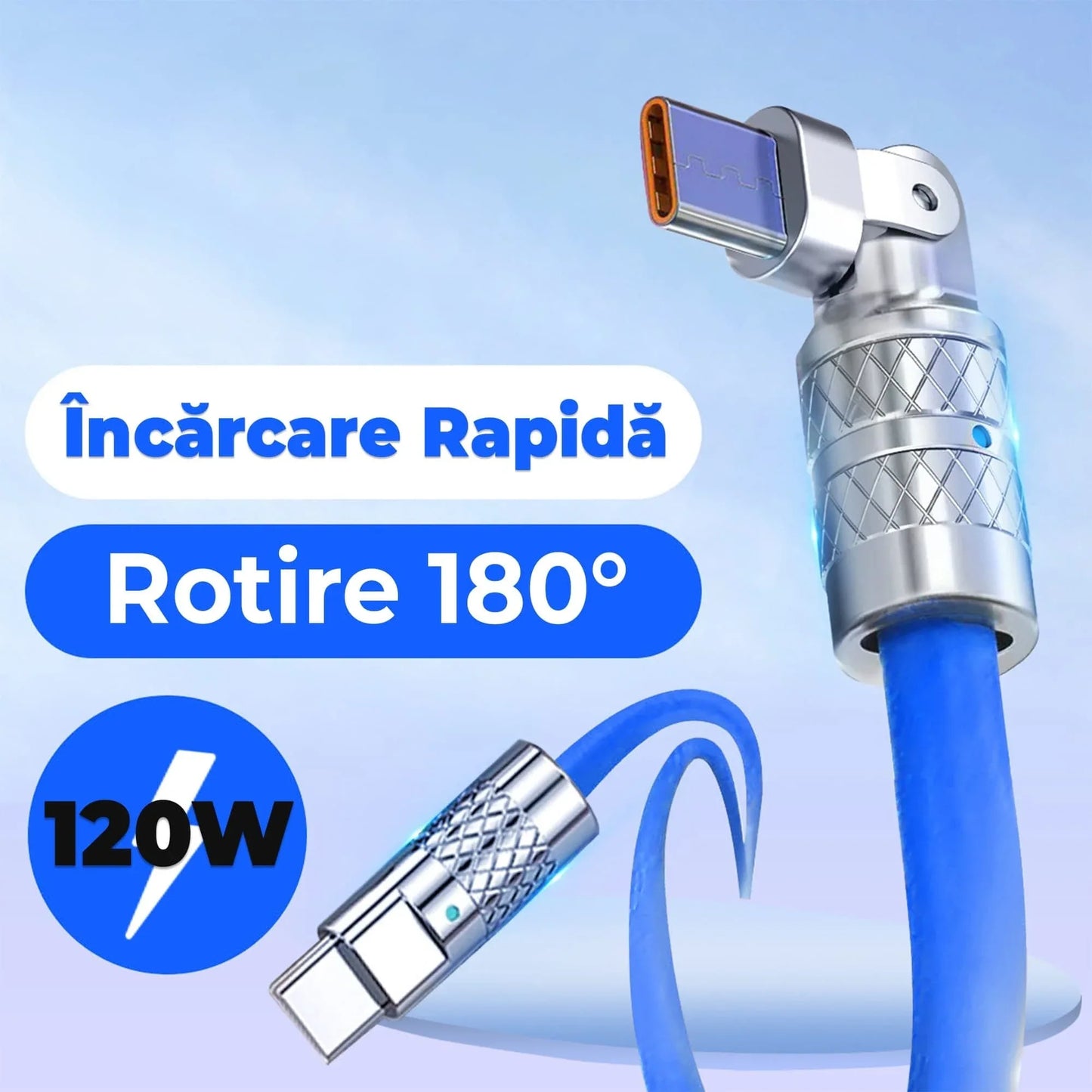 Cablu Date si Incarcare Rapida Timebox, 120W, 1,5m, Rotire 180 grade, Albastru