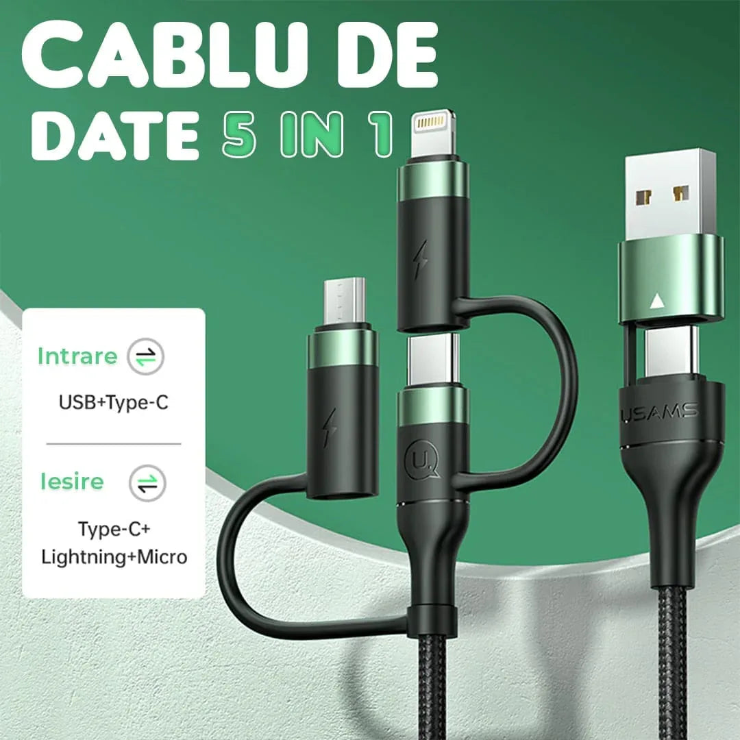 Cablu Date si Incarcare Rapida Usams, 5 in 1, 60W, 1,2m, QC 3, USB, Verde