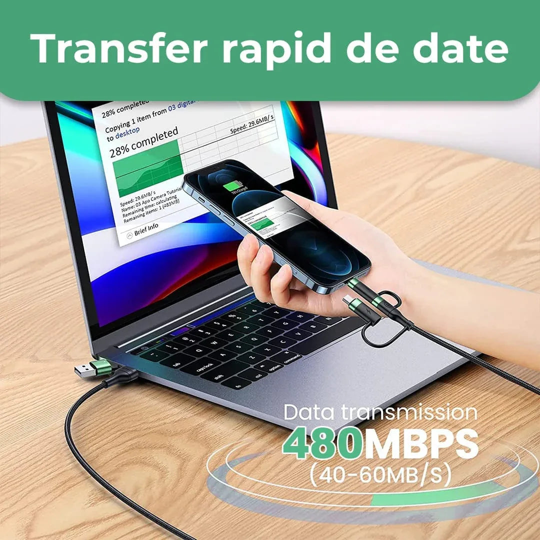 Cablu Date si Incarcare Rapida Usams, 5 in 1, 60W, 1,2m, QC 3, USB, Verde