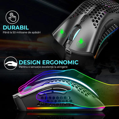Mouse gaming wireless Timebox, ultrausor 95g, FastCharge, USB, 4 GHz, Negru